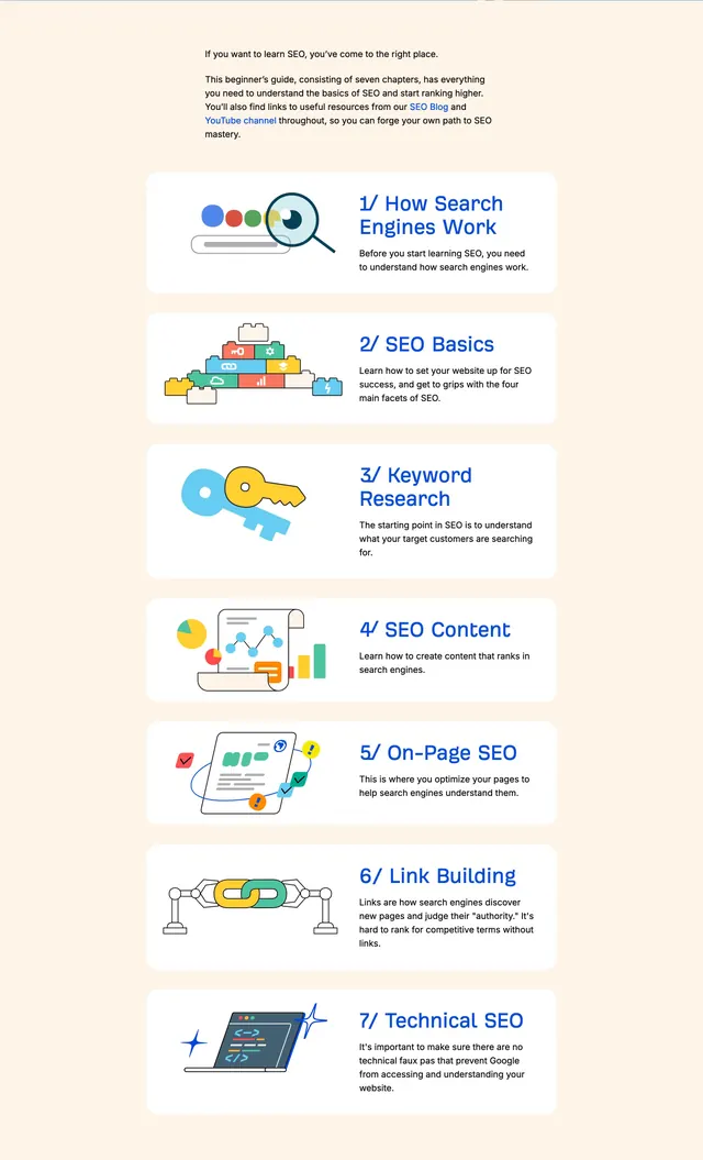 Ahrefs SEO beginner guide chapter list, minimal, illustrated, light