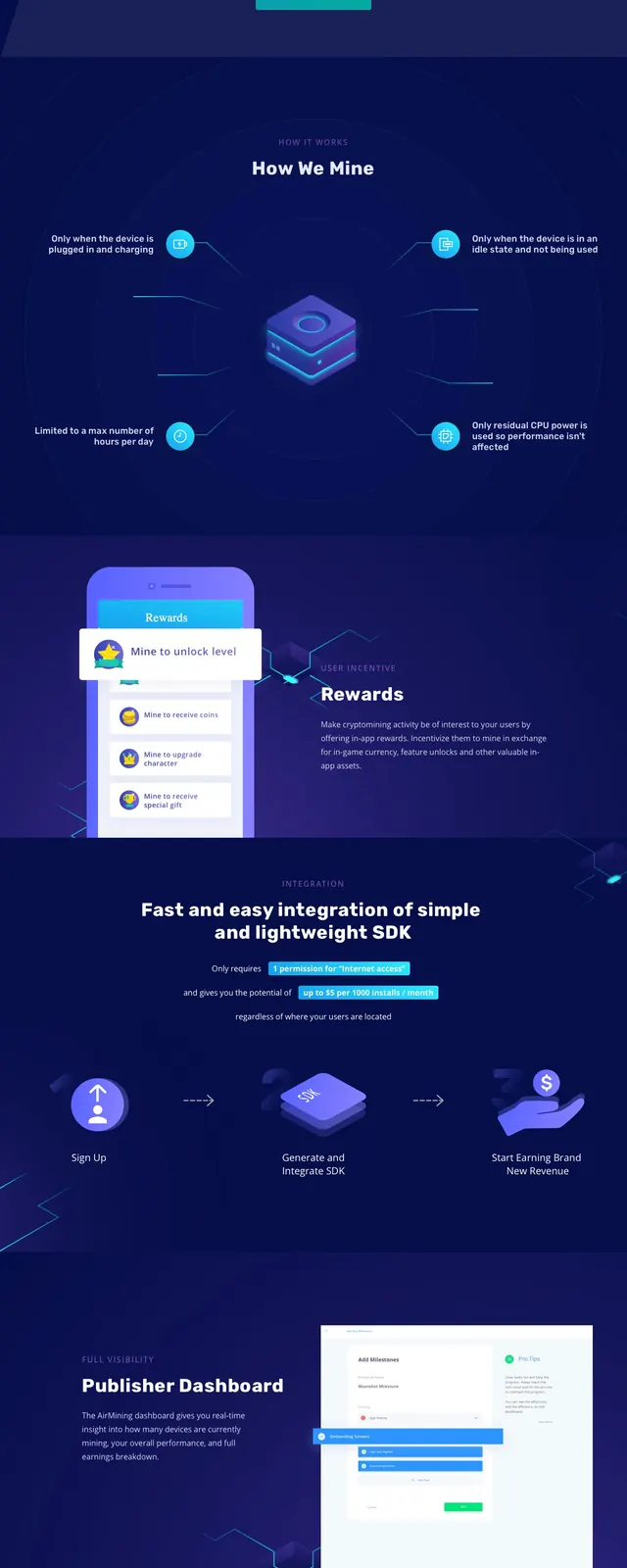 Airmining Crypto SDK Landing Page, dark-mode, 3d-render, dark