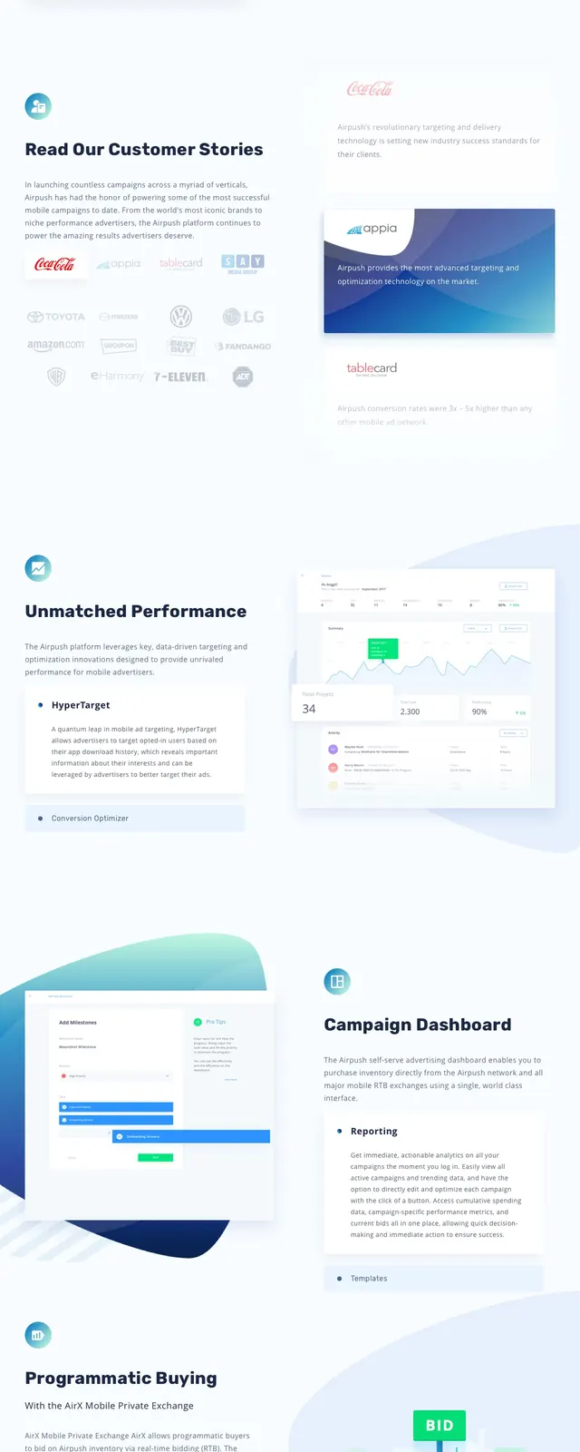 Airpush Mobile Advertising Landing Page, corporate-clean, minimal, high-contrast