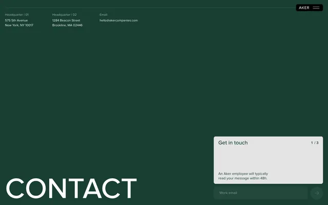 Aker dark contact page with step form, minimal, dark-mode, dark