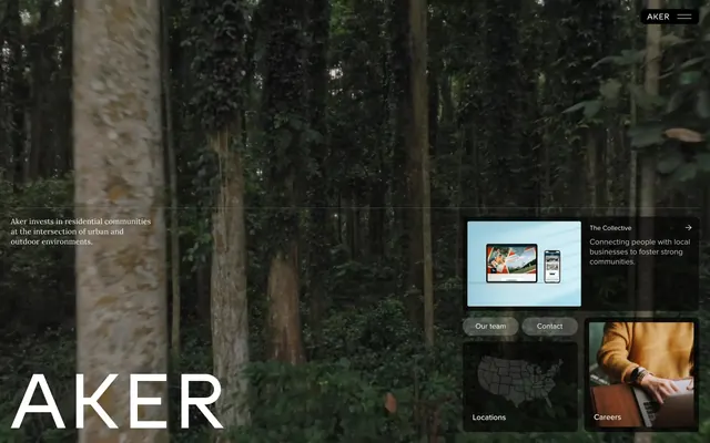 Aker forest hero with bento navigation cards, editorial, photographic, dark