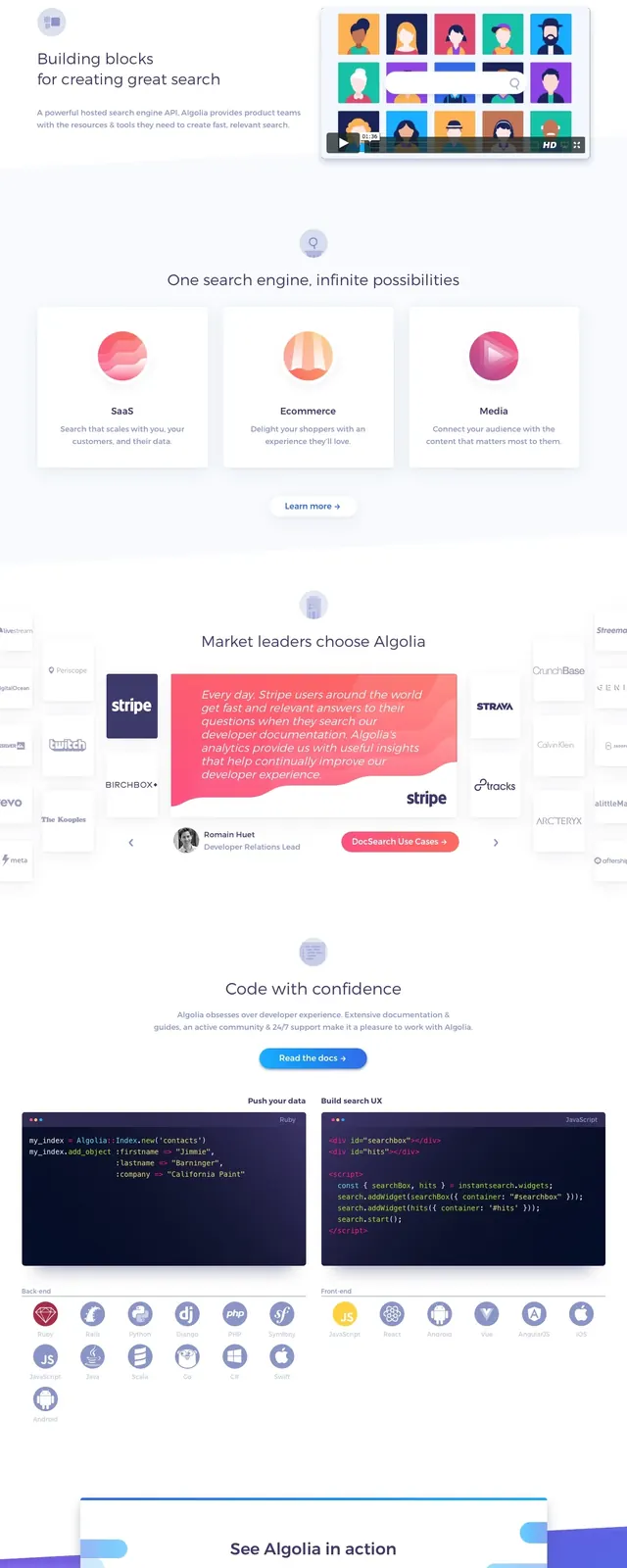 Algolia Search Landing Page, corporate-clean, minimal, vibrant