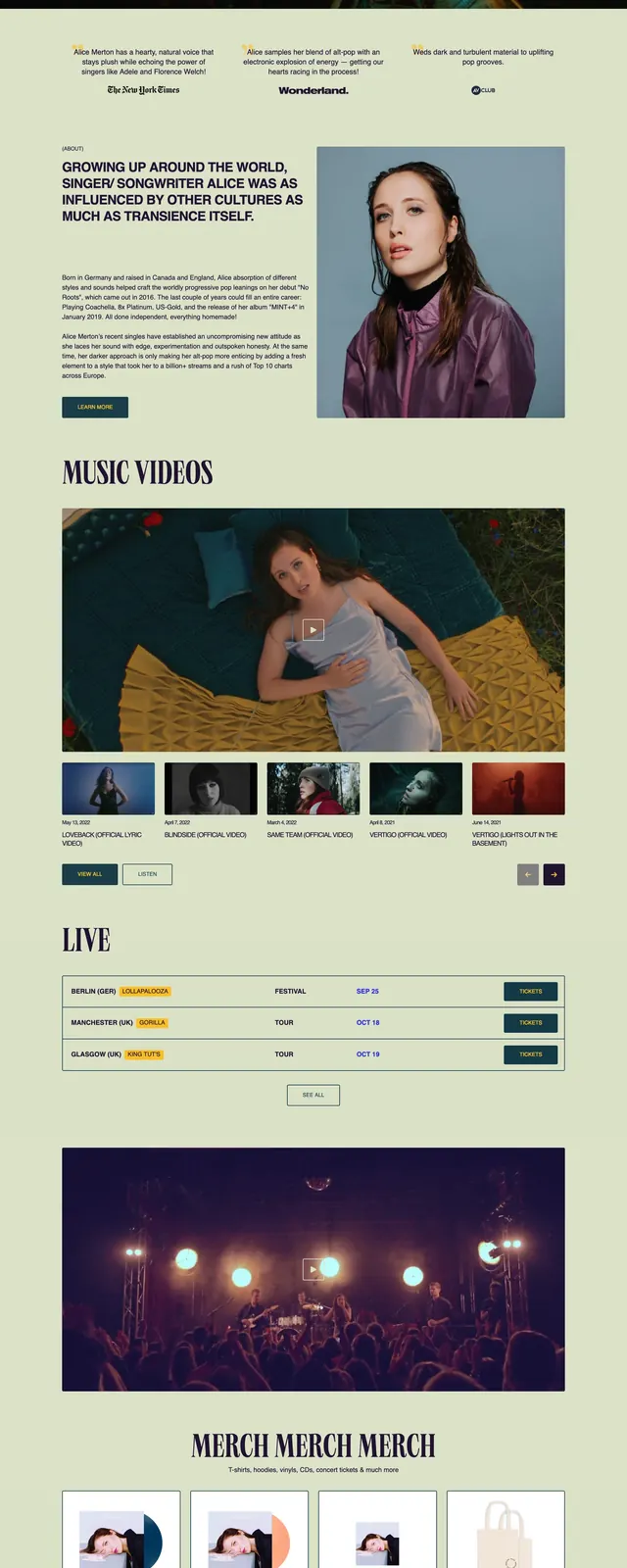 Alicemerton Artist Landing Page, editorial, luxury, dark