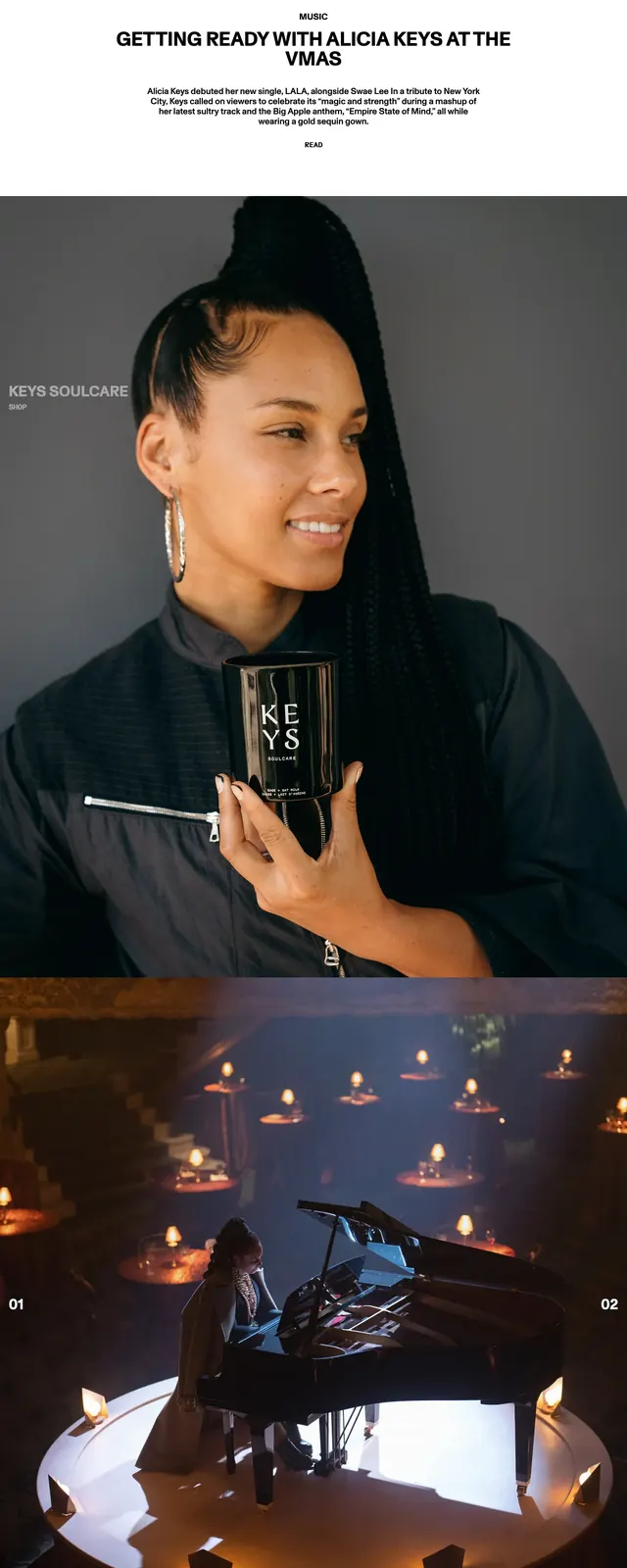 Alicia Keys Brand Landing Page, editorial, luxury, high-contrast