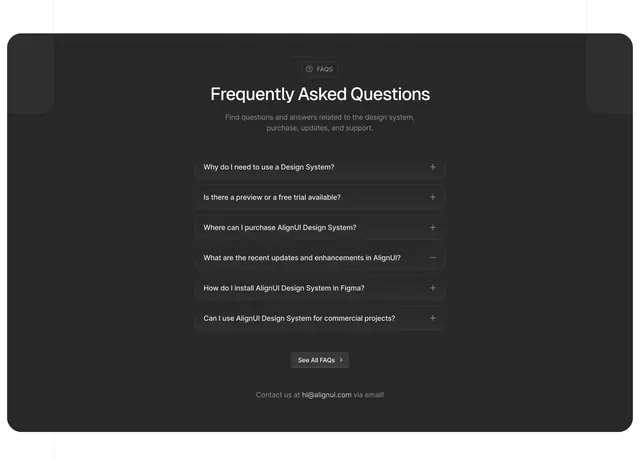 AlignUI dark centered FAQ accordion, minimal, dark-mode, dark