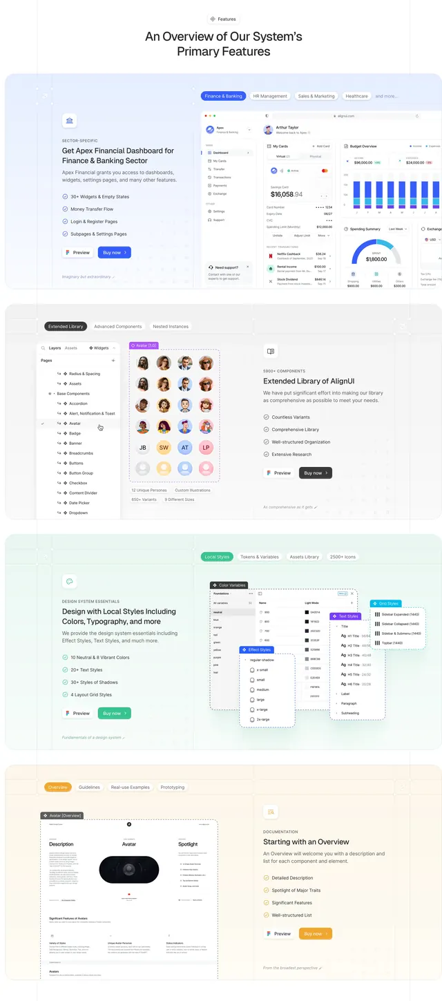 AlignUI stacked feature blocks with mockups, minimal, light-mode, light