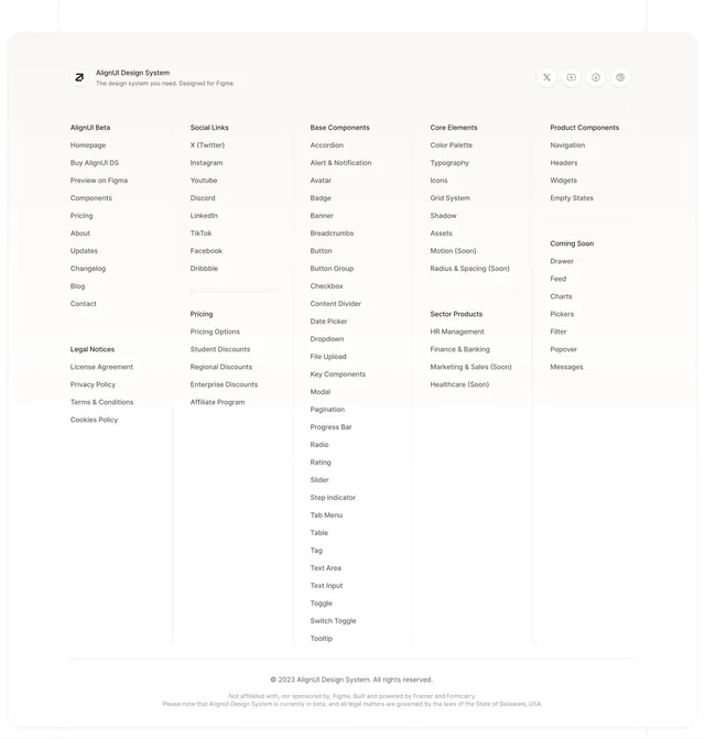 AlignUI mega footer with component index, minimal, light-mode, light