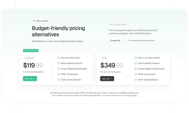 AlignUI two-tier lifetime pricing cards, minimal, light-mode, light