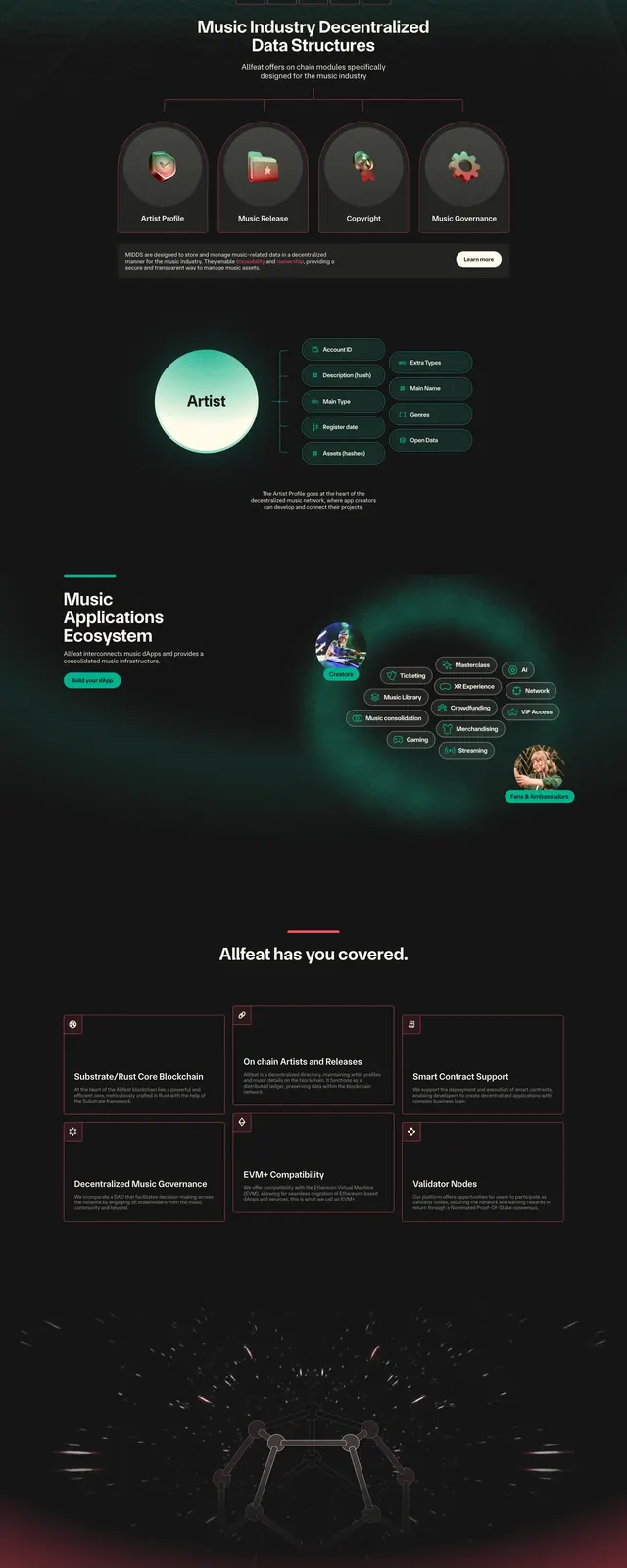 Allfeat Web3 Music Infrastructure, dark-mode, neo-brutalist, dark