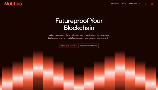 Altius blockchain hero with glowing bar landscape, dark-mode, minimal, dark