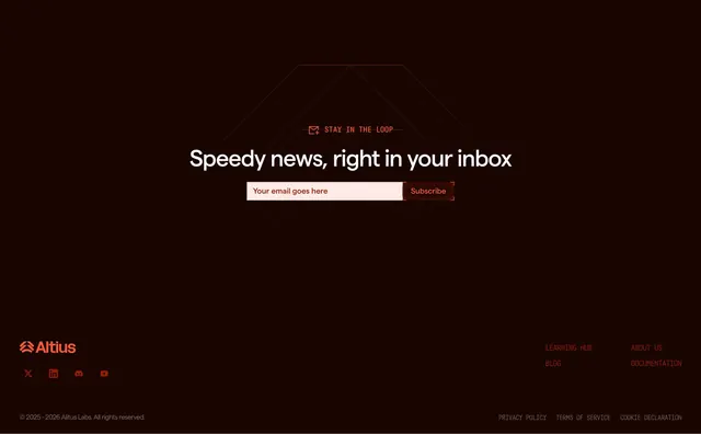 Altius newsletter signup and site footer, dark-mode, minimal, dark