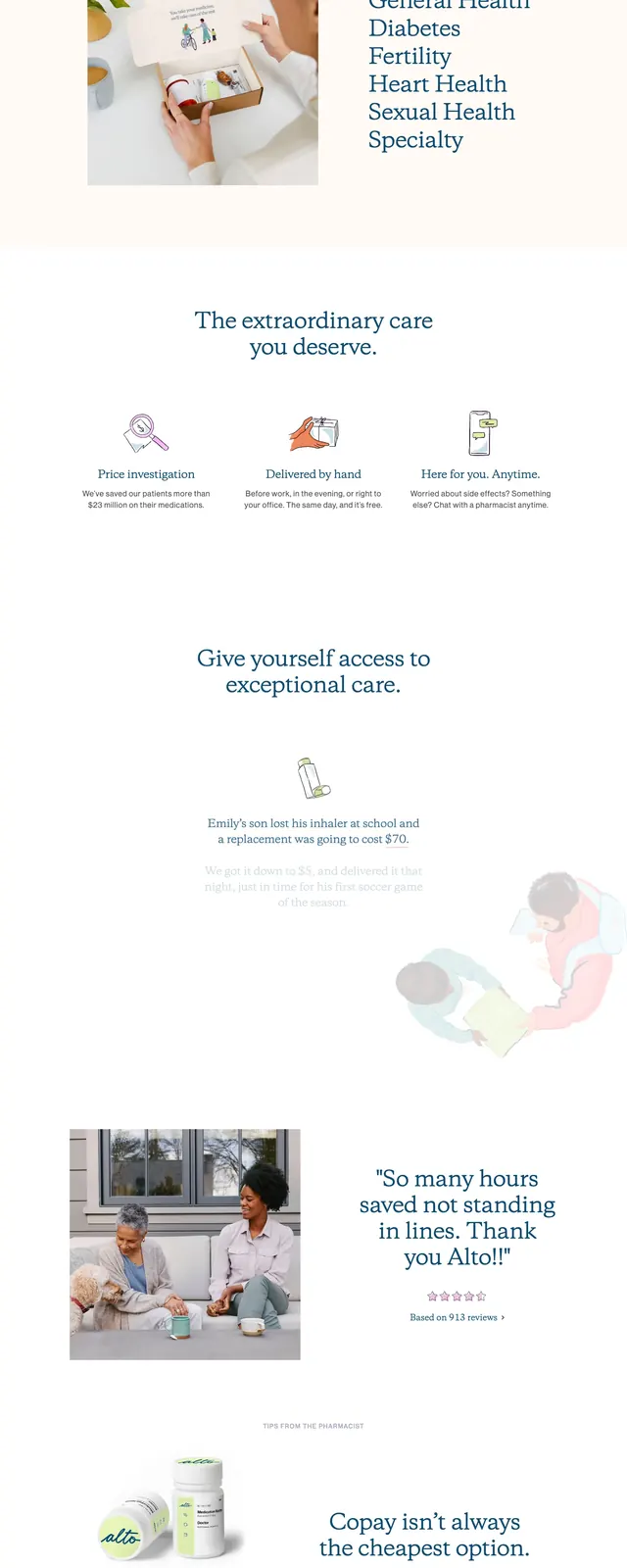 Alto Pharmacy Landing Page, minimal, illustrated, light