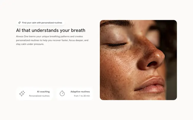 Alveos One breathing benefits split value proposition, minimal, light-mode, light