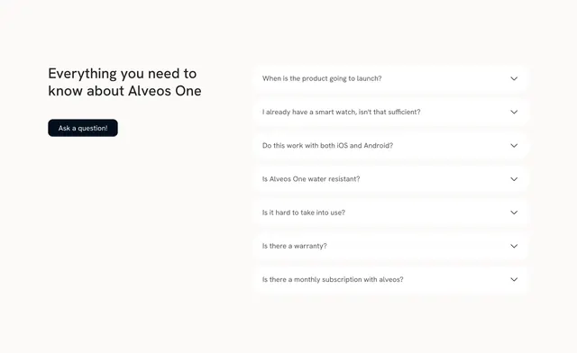 Alveos One FAQ split accordion list, minimal, light-mode, light