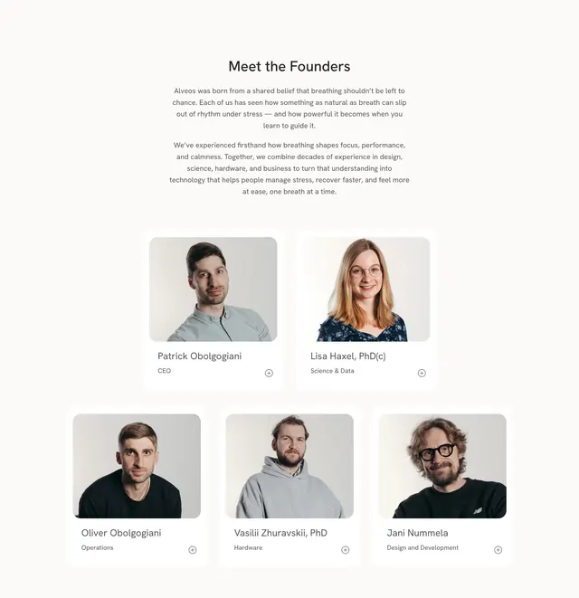Alveos One leadership team profile grid, minimal, light-mode, light
