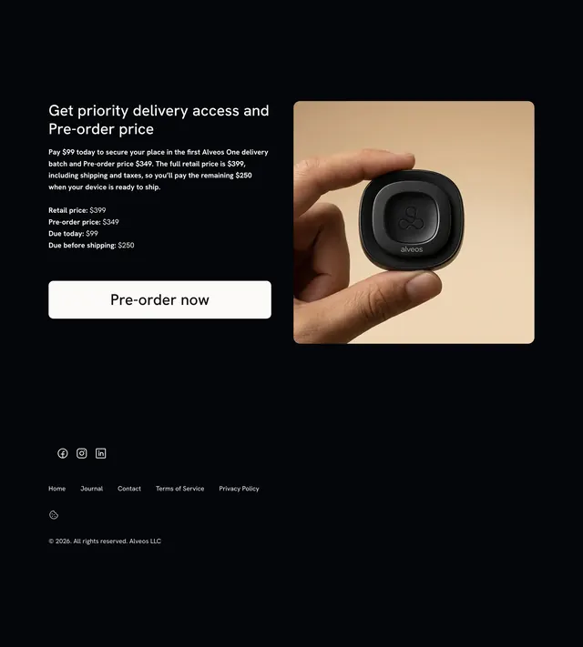 Alveos One preorder pricing CTA, dark-mode, minimal, dark