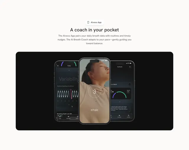Alveos App three-phone product showcase, minimal, light-mode, light