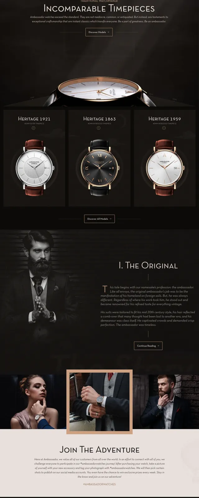 Ambassador Watches Landing Page, luxury, editorial, dark