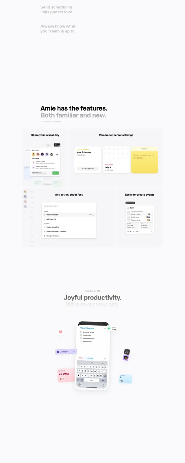 Amie Productivity Landing Page, minimal, light-mode, light