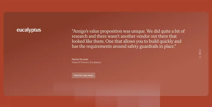 Amigo customer testimonial design, minimal, glassmorphism, warm