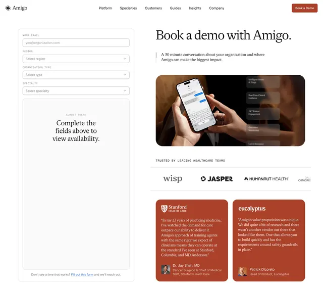 Amigo demo booking hero design, minimal, light-mode, light