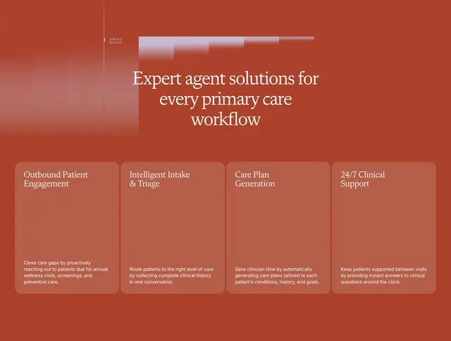 Amigo primary care feature grid, minimal, dark-mode, warm