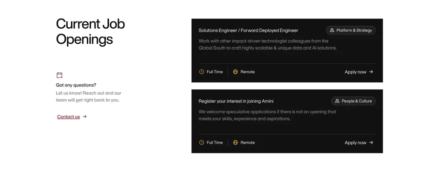 Amini careers section with split listings, minimal, light-mode, light