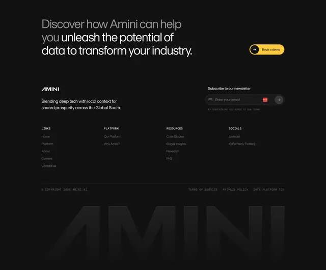 Amini dark footer with oversized watermark logo, dark-mode, minimal, dark