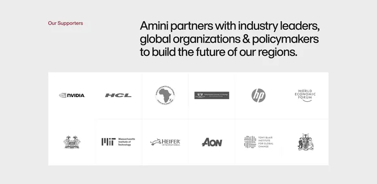 Amini supporters logo grid with side heading, light-mode, minimal, light