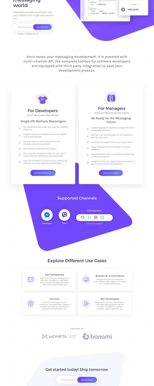 Amio Messaging API Landing Page, corporate-clean, minimal, vibrant
