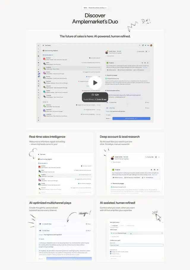 Amplemarket Duo features overview, minimal, light-mode, light