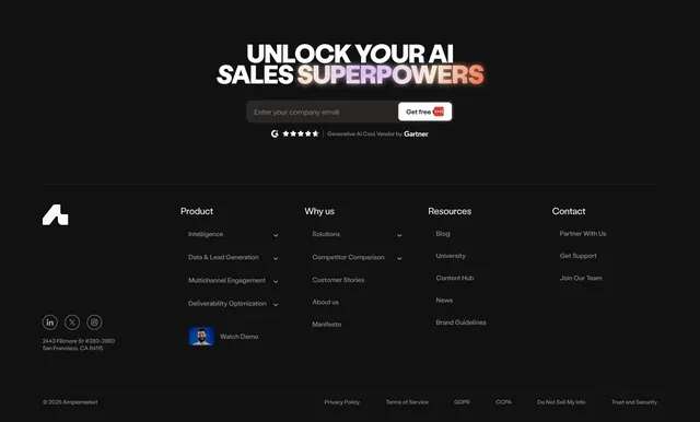 Amplemarket dark footer with glowing CTA, dark-mode, minimal, dark
