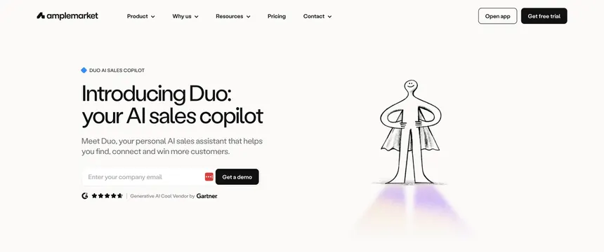 Amplemarket light hero with line-art mascot, light-mode, minimal, light