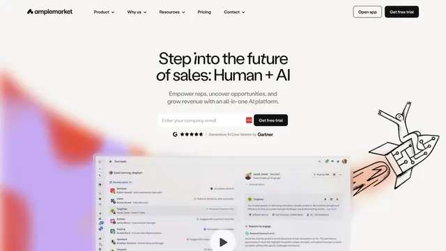 Amplemarket centered hero with email capture, light-mode, minimal, light