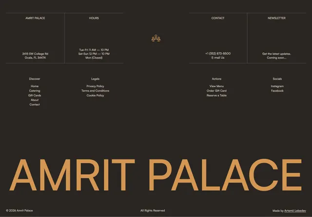 Amrit Palace Company Info Footer Design, dark-mode, minimal, dark