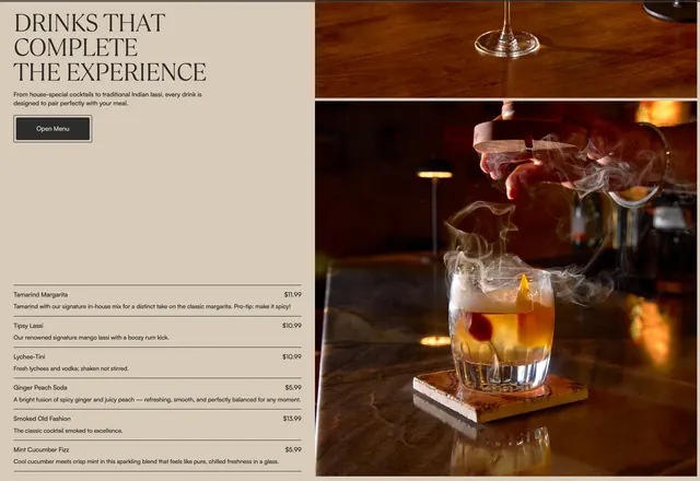 Amrit Palace drink pricing, minimal, editorial, light