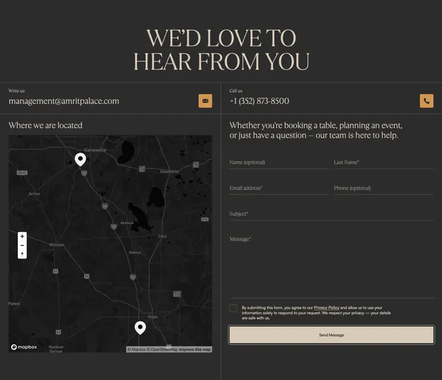 Amrit Palace Inquiry Contact Design, dark-mode, minimal, dark