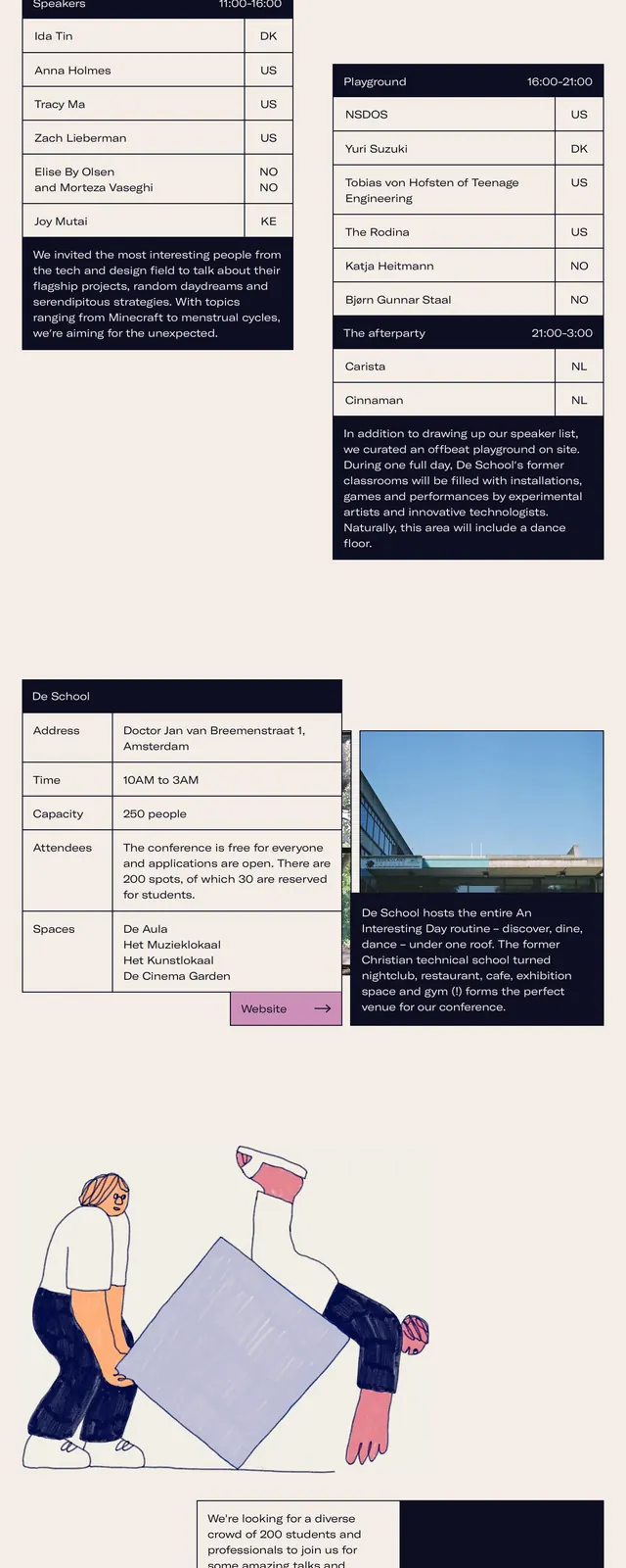 An Interesting Day Event Page, playful, neo-brutalist, light