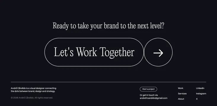 Andre project inquiry footer CTA, minimal, dark-mode, dark