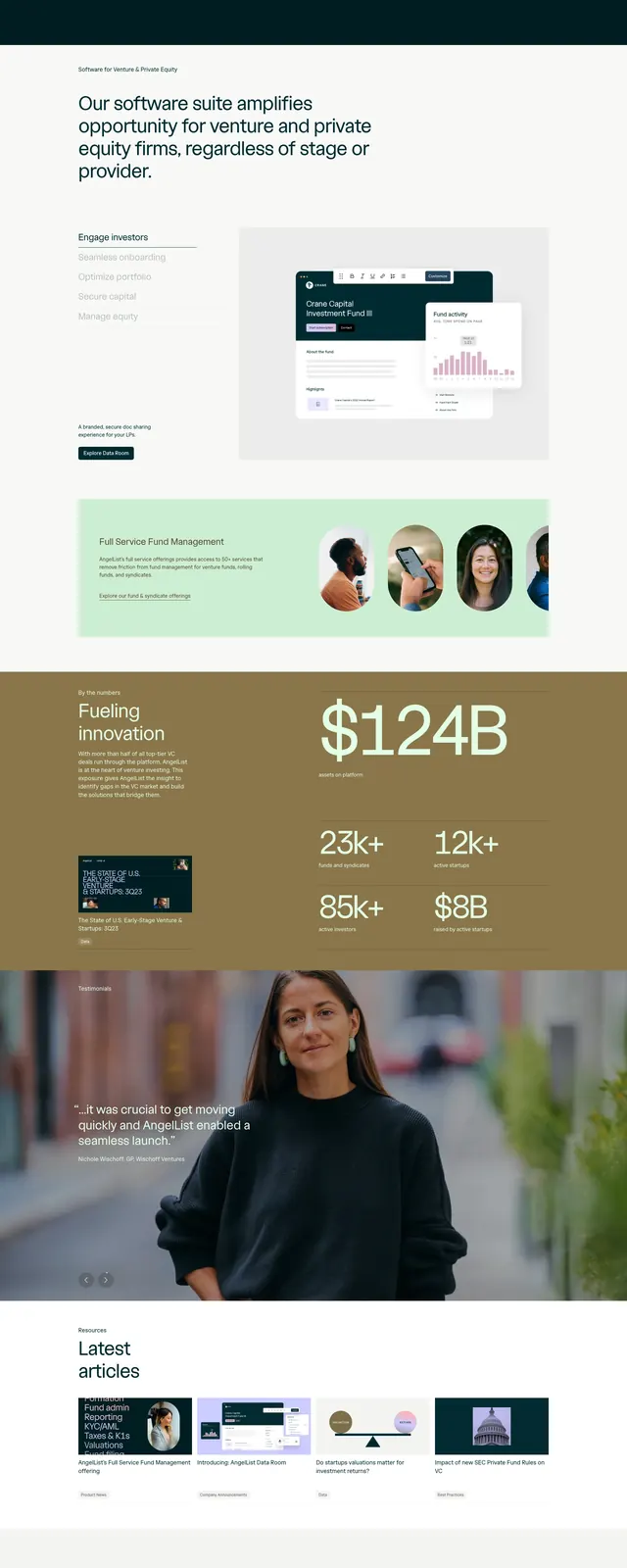 AngelList Fund Management Landing Page, dark-mode, corporate-clean, dark