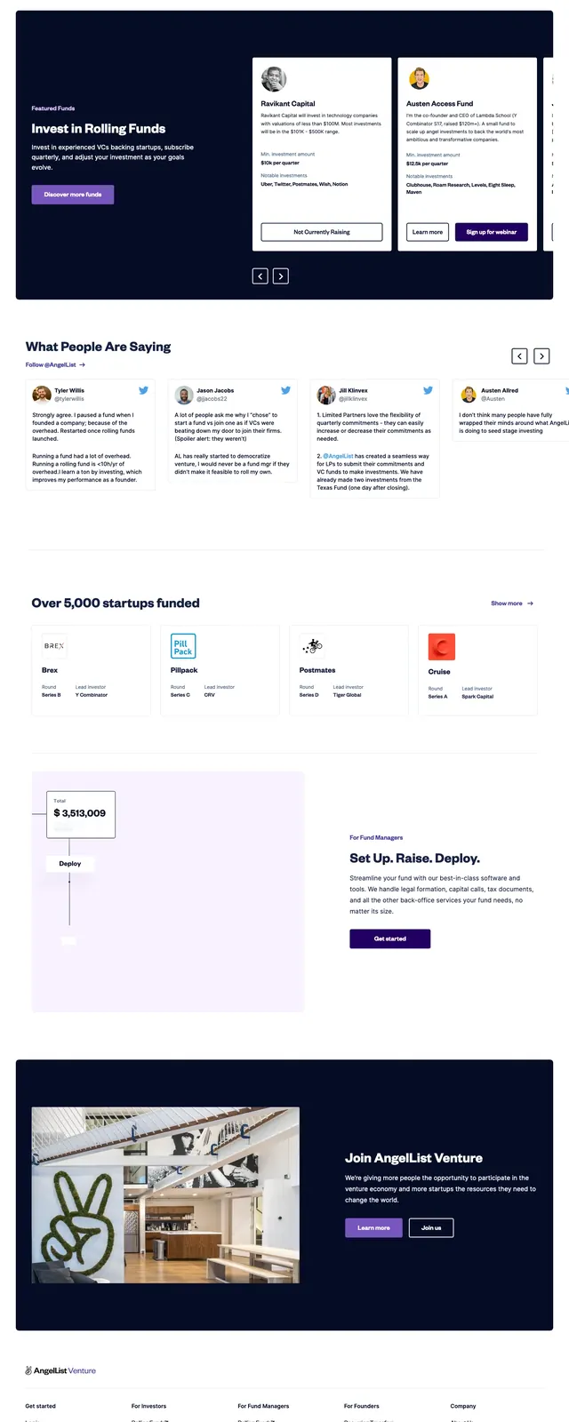 AngelList Venture Landing Page, corporate-clean, minimal, light