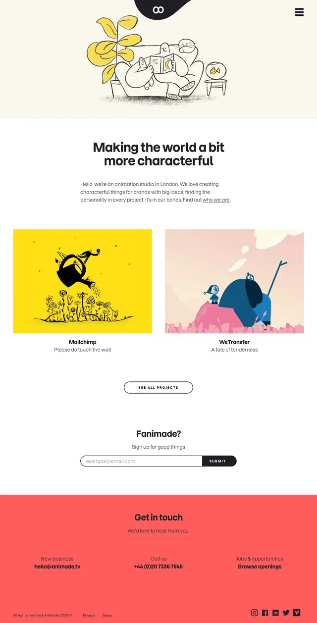 Animade Studio Landing Page, playful, illustrated, vibrant