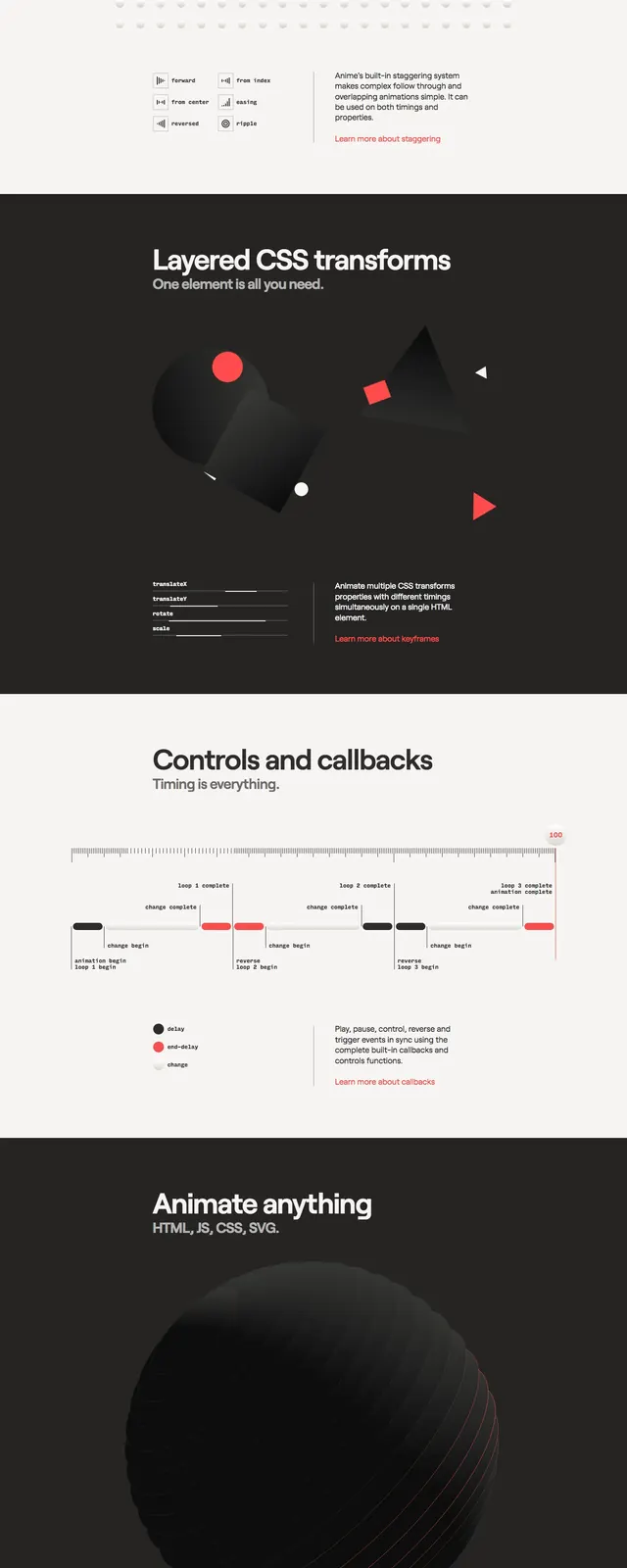 Animejs Documentation Landing Page, minimal, technical, high-contrast