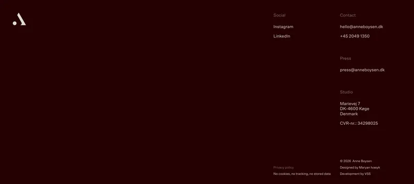 Anne Boysen studio footer, minimal, dark-mode, dark