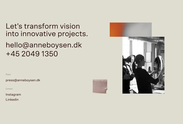 Anne Boysen project contact section, minimal, light-mode, light
