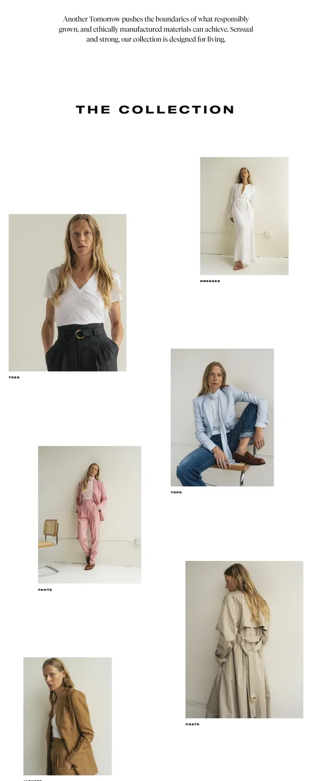 Anothertomorrow Sustainable Fashion Landing Page, minimal, editorial, light