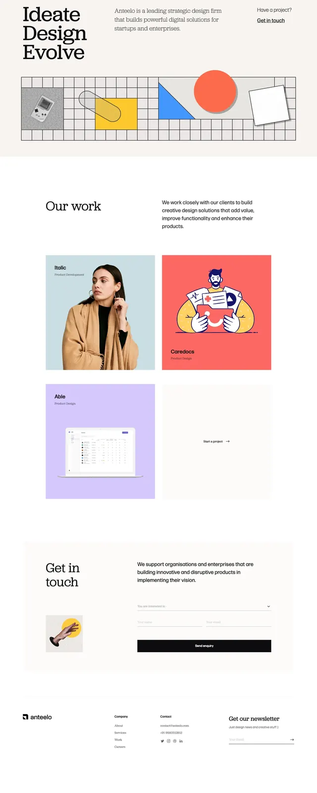Anteelo Design Agency Landing Page, editorial, minimal, light