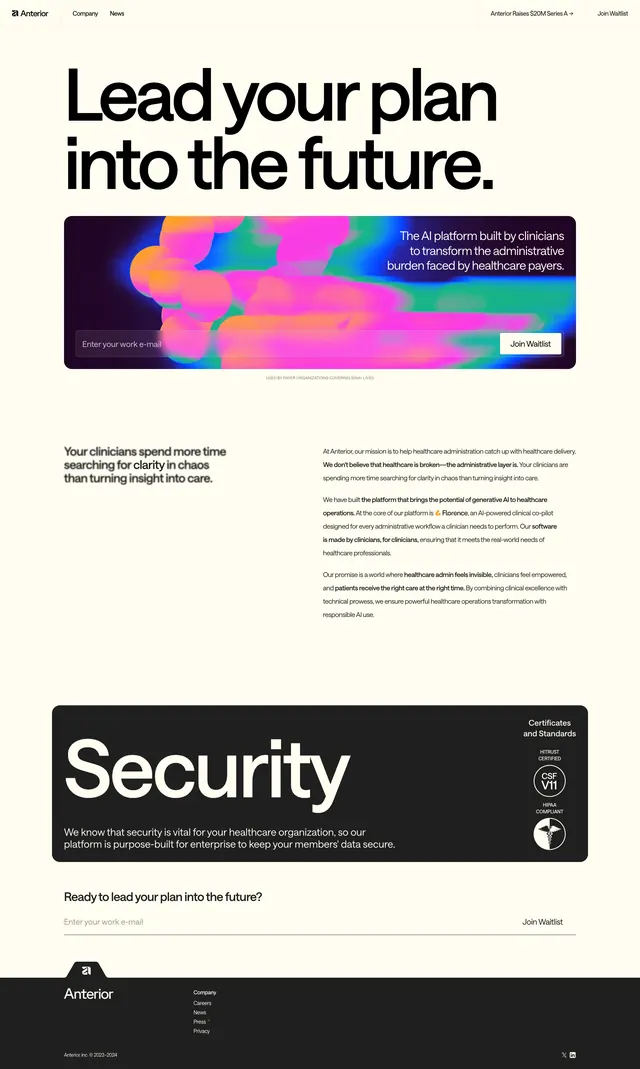 Anterior Healthcare AI Landing Page, minimal, corporate-clean, light