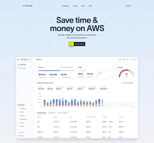 Antimetal light hero with cost dashboard preview, light-mode, minimal, light