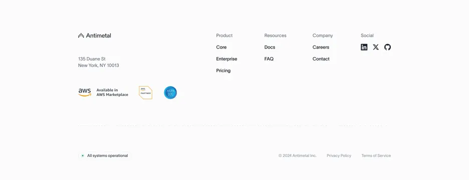 Antimetal site footer with badges, minimal, light-mode, light